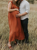 Plataz Single Breasted Drawstring Ruffle Tie Back Red Maternity Photoshoot Maxi Dress Maternity