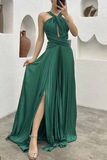Plataz Solid Fold Halter Evening Dress HZ1007