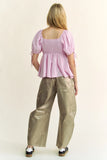 Plataz & Dani Solid Elastic Peplum Puffed Sleeves Blouse DJPT