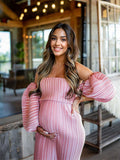 Plataz Pink Off Shoulder Bandeau Ribbed Pleated Bodycon Puff Sleeve Evening Gown Baby Shower Maternity Maxi Dress Maternity