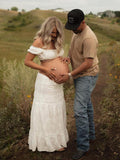 Plataz White 2-in-1 Lace Cut Out Off Shoulder Tie Elegant Flowy Vacation Photoshoot Maternity Maxi Dress Maternity