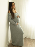 Plataz Off Shoulder Solid Color Mermaid Bodycon Elegant Photoshoot Maternity Maxi Sweater Dress Maternity