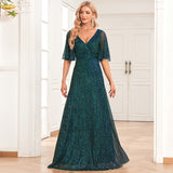 Plataz See Through Sleeve Pairs V Neck Pleated A Large Swing Evening Dress Wedding Sequined Mop HZ1007