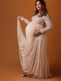 Plataz Sequin Tulle Splicing Long Sleeve Party Gown Photoshoot Maternity Baby Shower Maxi Dress Maternity