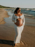Plataz White 2 Piece Crochet Mesh Backless Flare Sleeve Bodycon Vacation Beach Photoshoot Baby Shower Maternity Maxi Dress Maternity