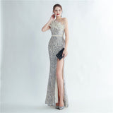 Plataz Industry Ostrich Hair Craft Beading Evening Dress with Side HZ1007