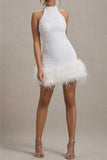 Plataz Party Sequins Zipper Feather Hemline Halter Evening HZ1007