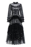 Plataz Sequin Polka Dot Ruffle Mock Neck Tiered Tulle Maxi Evening HZ1007