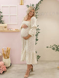 Plataz Ruffle Ruched High Waist Puff Sleeve Cute Photoshoot Maternity Maxi Dress Maternity