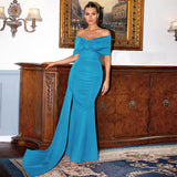 Plataz Red Satin off-the-Neck Elegant Lady Short Sleeve Long Pattern High-Grade Chest-Wrapped Evening HZ1007