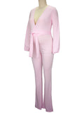 Plataz Solid Color Sashes High Waist V-Neck Long Sleeve Baby Shower Plus Size Maternity Jumpsuit Maternity