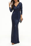 Plataz Elegant Solid Sequins V Neck Evening Dress HZ1007