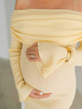 Plataz Yellow Knit Off Shoulder Flare Sleeve Mermaid Bodycon Elegant Vacation Photoshoot Baby Shower Maternity Maxi Dress Maternity
