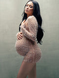 Plataz Solid Color Pear Rhinestone Sheer Long Sleeve Fashion Photoshoot Maternity Baby Shower Mini Dress Maternity
