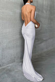 Plataz Solid Backless Fold Halter Evening HZ1007