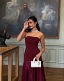 Elegant Burgundy Satin A-Line Evening Gown Strapless Party Dress Long Formal Dress HZ1024