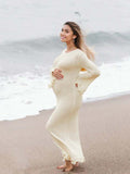 Plataz White Knit Pleated Tie Back Ruffle Falbala Frill Hem Backless Big Swing Elegant Cocktail Party Gown Maternity Photoshoot Baby Shower Maxi Dress Maternity