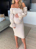 Plataz Ruffle Off Shoulder Long Sleeve Bodycon Baby Shower Maternity Midi Dress Maternity