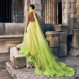 Plataz neck large open-back dress tulle robe maternity dress prom dress bride morning robe private HZ1007