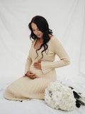 Plataz Knit Pleated Big Swing V-neck Plus Size Sweater Elegant Going Out Maternity Photoshoot Baby Shower Maxi Dress Maternity