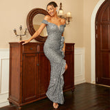 Plataz Elegant Sexy Long Sequined off-Neck Backless Evening Dress Split Maxi HZ1007