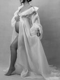 Plataz White Ruffle Open Slit Lantern Sleeve Elegant Photoshoot Maternity Maxi Dress Maternity
