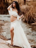 Plataz Solid Color Bohemian Off Shoulder Backless Ruffle 2 piece set Photoshoot Maternity Maxi Dress Maternity
