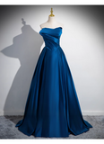 Elegant Royal Blue Satin Sweet 16 Quinceanera A-Line Strapless Evening Dress Long Ball Gown HZ1024
