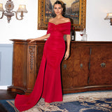 Plataz Red Satin off-the-Neck Elegant Lady Short Sleeve Long Pattern High-Grade Chest-Wrapped Evening HZ1007