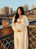 Plataz White Knitting V-Neck Bodycon Two Pieces Cardigan Elegant Baby Shower Maternity Maxi Sweater Dress Maternity