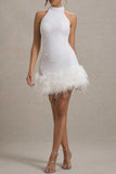Plataz Party Sequins Zipper Feather Hemline Halter Evening HZ1007