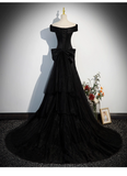 Vintage Black A-Line Evening Gown Satin Off-the-shoulder Party Dress Tulle Dress Hem Formal Dress HZ1024