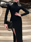 Plataz Sleeves Skinny Back Cross Split-Side Tasseled High Neck Evening Dresses Midi HZ1007