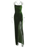 Plataz Up Green Velvet Strap Maxi Dress For Women Side Slit Backless Bodycon Sexy Prom Dress Outfit Elegant Birthday HZ1007