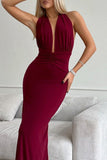 Plataz Solid Color Backless Ruched Halter Evening HZ1007