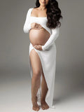 Plataz White Ruffle Cut Out Crop Side Slit Irregular Bodycon Photoshoot Maternity Maxi Dress Maternity