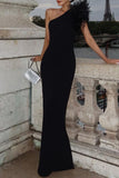 Plataz Formal Solid Feathers Oblique Collar Evening Dress HZ1007