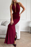 Plataz Solid Color Backless Ruched Halter Evening HZ1007