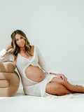 Plataz Ivory Sheer Ruffle Cut Out Crop Slit Falbala Deep V-neck Mermaid Elegant Maternity Photoshoot Maxi Dress Maternity