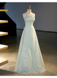 Vintage Sage Green A-Line Applique Evening Gown Satin Strapless Party Dress Long Formal Dress HZ1024