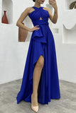 Plataz Formal Solid Slit Asymmetrical Halter Evening Dress HZ1007