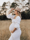Plataz White Ruffle Ruched High Waist Puff Sleeve Cute Photoshoot Maternity Maxi Dress Maternity