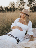 Plataz White Ruffle Ruched High Waist Puff Sleeve Cute Photoshoot Maternity Maxi Dress Maternity