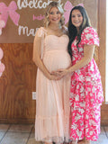 Plataz Light Pink Polka Dot Bow Ruffle Falbala Tie-Shoulder A-line Tulle Princess Dress Maxi Dress Maternity