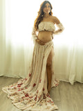 Plataz Two Piece Boho Flower Printing Off Shoulder Chiffon Crop Bandeau Photoshoot Maternity Maxi Dress Maternity