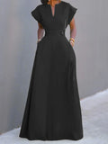 Plataz Sleeves Solid Color Split-Joint V-Neck Evening Dresses Maxi HZ1007