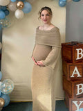 Plataz Solid Color Off Shoulder Hollow Out Knitwear Bodycon Beach Vacation Dress Baby Shower Maternity Maxi Dress Maternity