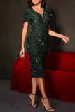 Plataz Formal Solid Sequins Sequined V Neck Evening Dress HZ1007