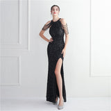 Plataz Industry Micro Glass Bead Craft Beaded Cocktail Evening Dress Elegant Long Halter Split HZ1007
