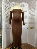 Plataz Brown Off Shoulder Long Sleeve Bodycon Elegant Going Out Maternity Photoshoot Baby Shower Party Maxi Dress Maternity
